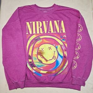 Nirvana Smiley Face Sweatshirt Crewneck Graphic Pullover S/M Grunge Magenta Pink